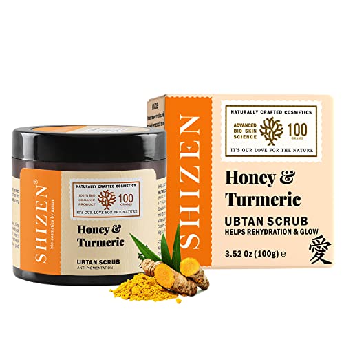 SHIZEN bio-cosmetics by nature Honey & Turmeric Ubtan Scrub For Instant Glow, Radiance, Pigmentation, Blackheads & Tan Removal 100% Organic (3.5 Oz / 100 gm)