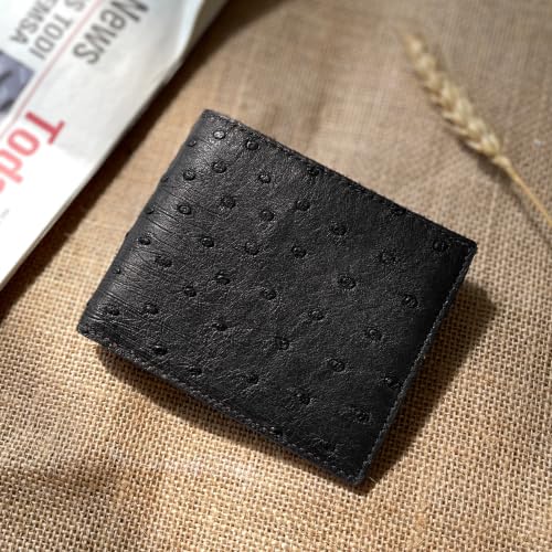 Image of Black Ostrich Double Side Leather Bifold Wallet, RFID Blocking Mens Wallet