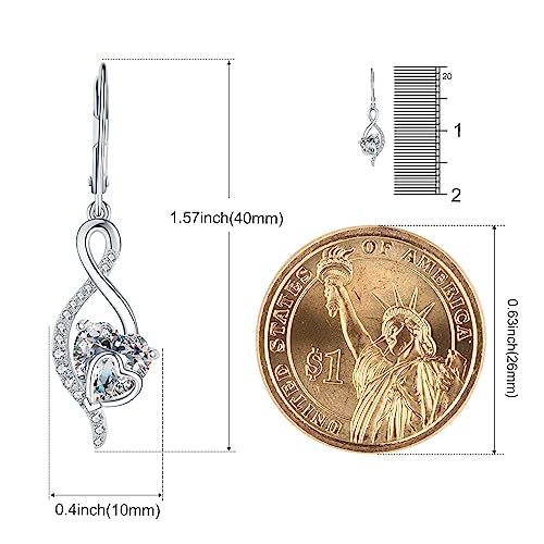 UnicoRing Sterling Silver Heart Drop Dangle Earrings for Women Dangling with Leverback Cubic Zirconia Silver Earrings for Bridal Wedding Prom (Silver Dangle Earrings) — view 2