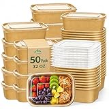 Kaderron 50 Pack 32 OZ Large Paper Bowls with Lids, Heavy Duty Disposable Compostable Container for Party, Disposable Bowls Bulk Soak-Proof and Microwave Safe for Hot/Cold Use(32OZ-50PACK)