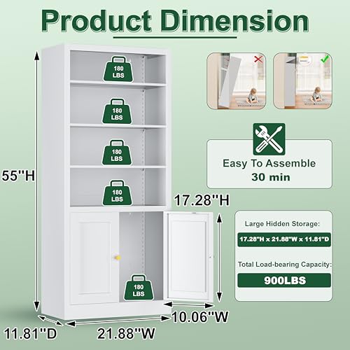 Image of Kitchen Pantry Cabinet, 55 inch Tall Metal Storage Cabinet with Doors and Shelves, Pantry Storage Cabinets for Kitchen, Living Room, Dining Room，White