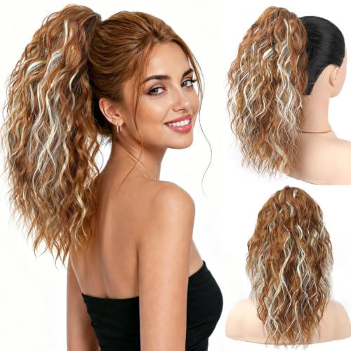 Phosphe 14 Inch Claw Clip Ponytail Extension,Curly Hair Ponytail Extension Fluffy Soft Curly Ponytail Daily Wear Clip On Hair Pieces For Women(Color:Blonde with White Highlights)