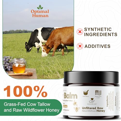 O H Optimal Human Raw Wildflower Honey Balm (2 Oz) – 100% Grass-Fed Beef Tallow Balm - Body and Face Tallow Moisturizer - Non-Comedogenic, Ultra-Clean Formula For Moisture and Hydration