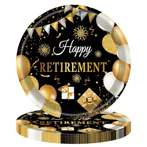 Fitoyplak Retirement Party Supplies,40Pcs 7Inch Black Gold Retirement Paper Plates Happy Retired Themed Tableware Disposable Plates Set,for Men Women Say Goodbye Party Decorations Supplies