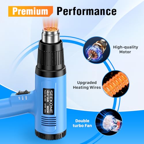 SEEKONE Heat Gun, 1800W Heavy Duty Hot Air Gun Kit Dual-temperature Setting 572℉&1112℉, Hot Heat Gun with Overheat Protection, 4 Nozzles Included, for Shrinking PVC, Stripping Paint, Crafts (5.2ft) - Thumbnail 5