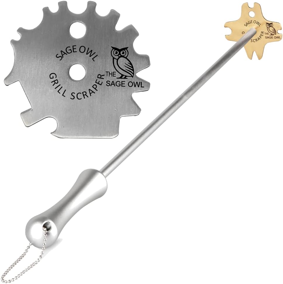 Sage Owl Bristle-Free Brass BBQ Grill Scraper with 17.5” Handle – Portable Stainless Steel Grill Cleaner for Outdoor, Charcoal Grills, and Porcelain Grates – Barbecue Tools and Gift Ideas for Men