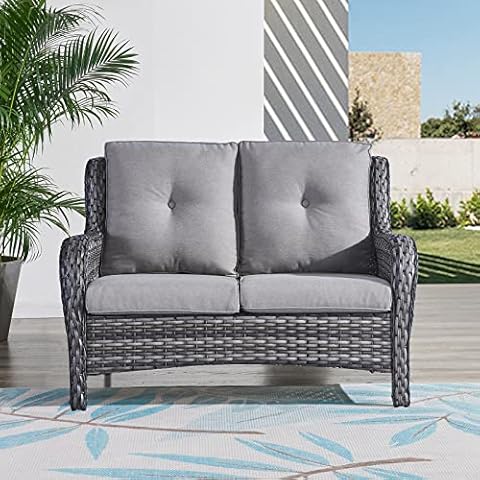 HUMMUH Outdoor Loveseat Sofa 2-Seat PE Rattan Patio Love Seat with Cushions,Deep Seat High Curved Back Armset Sectional Couch for Patio,Garden,Yard,Porch Cover