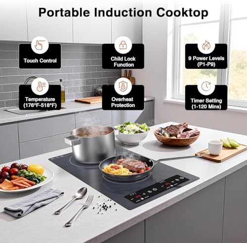 Image of Double Induction Cooktop Portable Electric Cooktop 12 Inch, 110V Induction Burner Hot Plate with Safety Lock, Auto Shutoff Timer Setting, 9 Heating Level and Overheating Protection