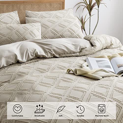 Jellymoni Cream Grey Duvet Cover Full Size - 3 Pcs Microfiber Tufted Duvet Cover Set, Boho Textured Duvet Cover Jacquard Rhombus Geometric Pattern Duvet Cover With Corner Ties & Zipper Closure #TOP1