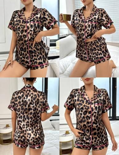 Image of Ekouaer Womens Silk Satin Pajama Set Print Short Sleeve Sleepwear Button Down Pjs Shorts Set Loungewear