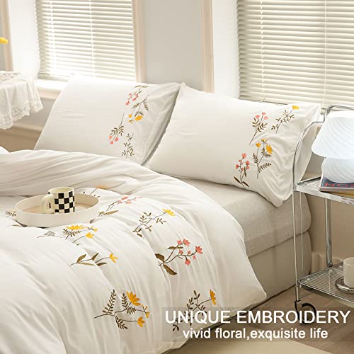 Bedbay White Floral Bedding Twin Size Duvet Cover Set Pretty Floral Embroidered Ultra Soft Luxury 3 Pcs Boho Aesthetic Bedding Set With Zipper Ties(White,Twin) #TOP5