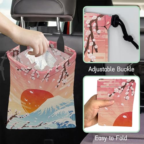 Image of Plum Blossoms Car Trash Bag,Sunrise Hanging Drawstring Car Garbage Bag,Waterproof Canvas Car Back Seat Organizer with Adjustable Buckle,for Vehicles,SUVs,Camping,Road Trips