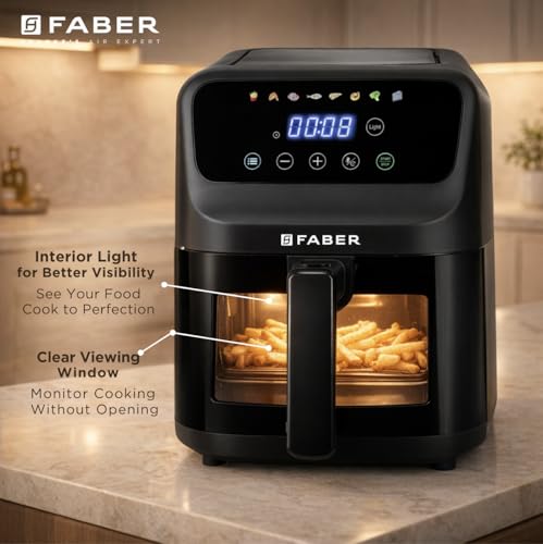 Image of Faber 6L 1500W Digital Air Fryer | Fry, Bake, Roast | 85% Less Oil, 200C Swirl Heating Technology |8-Preset Menu|View Window|Touch Control Interface| Auto Shut-Off |2 Yrs Comprehensive warranty|Black