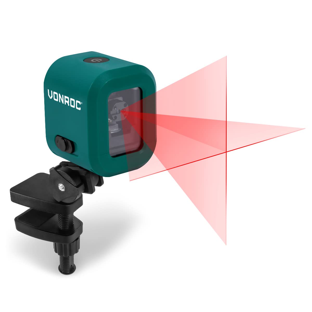 VONROC Livella laser a linee incrociate - Rosso - 4V - 1800mAh - Autolivellante - 10 metri di portata - Include morsetto, cavo USB-C e borsa per attrezzi