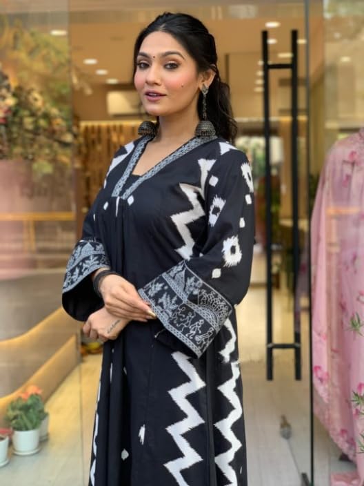 Lookmark Women's Cotton Blend Zigzag And Dotted Print Kurta Plazzo Set With Dupatta Suitable For Every Indian Occasion (Az-Lm-Og-Ks2174 Black-M)