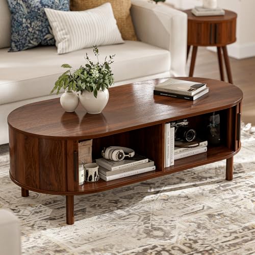 Image of ZttRiee Oval Coffee Table with Sliding Doors, Mid-Century, Walnut | 47.24 inchL x 21.65 inchW x 16.14 inchH, 200 lbs capacity, 2 front & back storage areas, ~60 min assembly