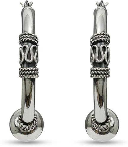 Vista 4 de LeCalla Pendientes de aro Bali ligeros de plata de ley oxidada, de dos tonos, para mujer