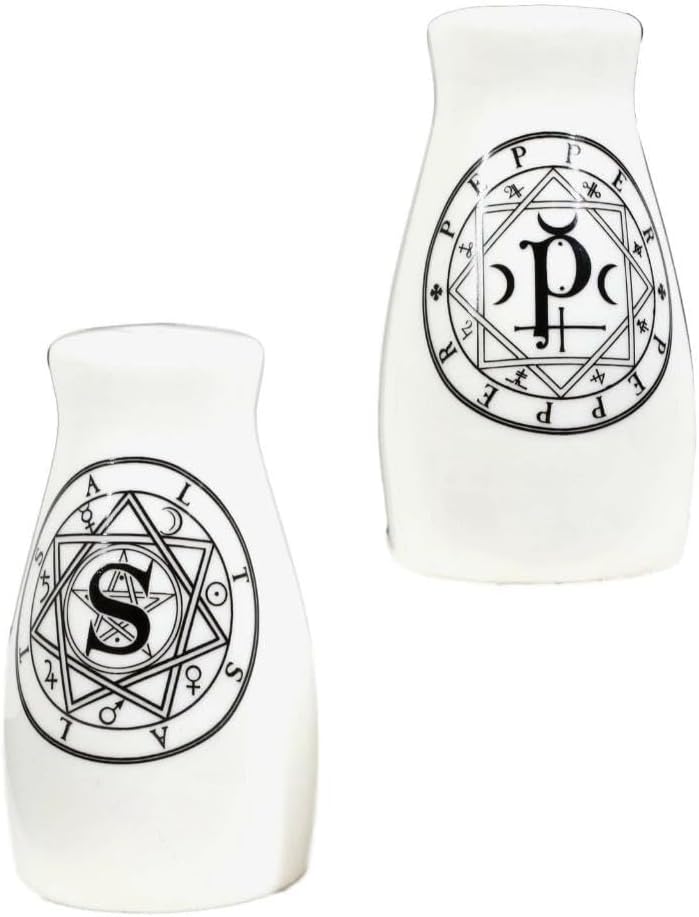 Set of 1 Sacred Geometry Pentacles Crescent Moons Ceramic Salt n Pepper Shakers Set