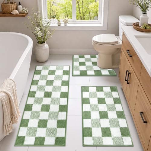 Yamaziot Checkered Bathroom Rug Sets 3 Piece, Washable Non-Slip Bath Mats