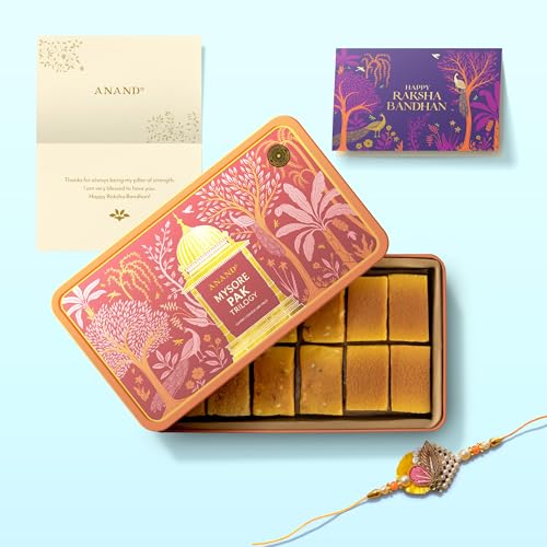 Image of ANAND Sweets Raksha Bandhan /Rakhi Mithai Tin Gift box | Mysore Pak Trilogy Tin (500g) + Rakhi + Greeting card and cover combo | Mouth Watering Authentic Desi Ghee sweet | For brother, sister, bhabhi