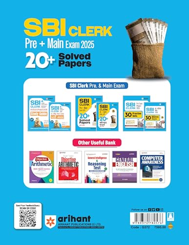 Image of Arihant SBI Clerk Pre and Main Exam 2025 | 20+ Solved Papers (2025-2009) | Previous Year Question Papers with Detailed Solutions | For 5000+ Junior Associates Posts | English Medium