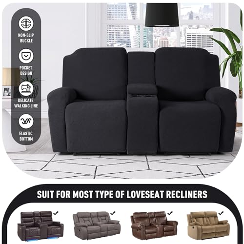 Image of KinCam Loveseat Recliner Covers with Middle Console Slipcover, Recliner Sofa Covers 2 Seat Couch Cover Stripe Jacquard Furniture Protector Covers with Elastic Bottom for Kids, Pets (Black)