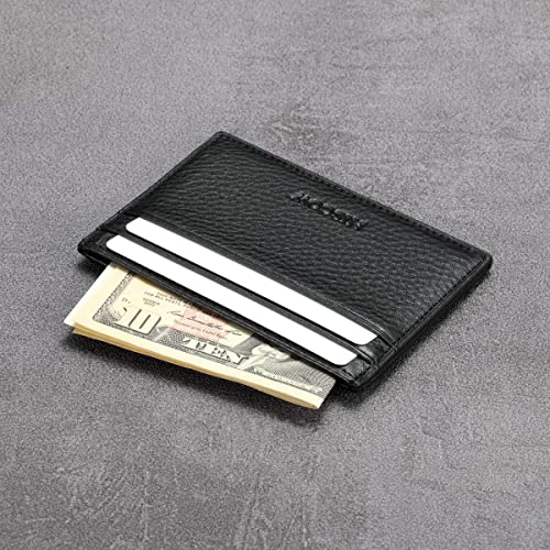Image of HISCOW Slim Full Grain Leather Card Holder with ID Window, Pebbled Black | Men's minimalist EDC wallet, front pocket carry, 2 credit card slots & center pocket, fits folded bills, premium gift box