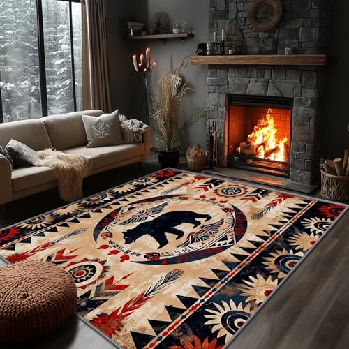 Yoozitrees Southwestern Rugs for Living Room - Southwestern Rug, 5x6 Rug, Aztec Tribal Bear Geometric Rustic Area Rug, Vintage Ethnic Wildlife Carpet, Washable & Non Slip Large Rugs, Aztec Home Decor