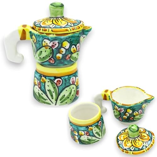 SICILIA BEDDA CAPACI Moka Caffettiera Porta caffè e Zucchero, Ceramica Caltagirone, h 13 cm ca. Vari Colori (1Unità) Decoro Casuale - Verde