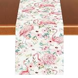Tropical Flamingo Table Runner, Pink Cherry Blossom Floral Seasonal Spring Summer Farmhouse Coffee Table Center Decor for Home Kitchen Dining Patio Holiday Party Table Decorations 13x36 inches