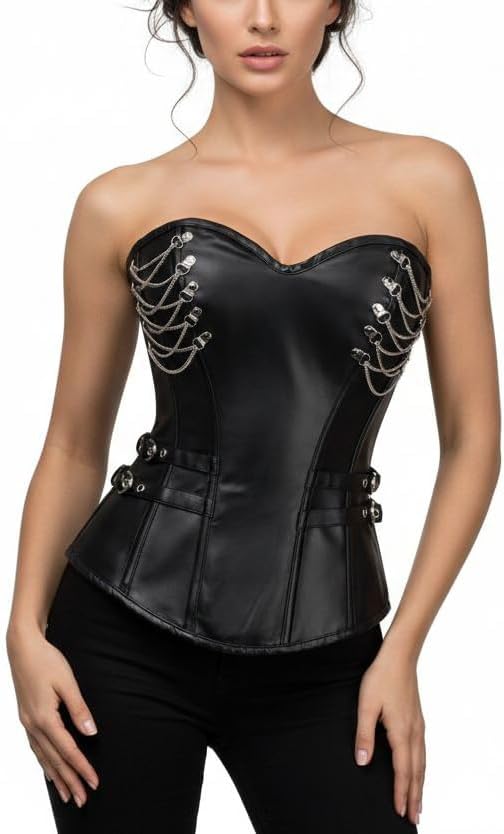 Cosfun Steampunk Leather Corset Top Womens Sexy Lace Up Back Corsets Bustiers Chains with Side Zipper Buckles - Image 7