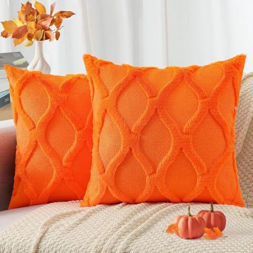 decorUhome Fall Throw Pillow Covers 22x22 Inch Set of 2, Soft Plush Faux Fur Wool Orange Couch Pillow Covers, Decorative Neutral Pillow Cases for Bed Sofa Living Room Home Decor
