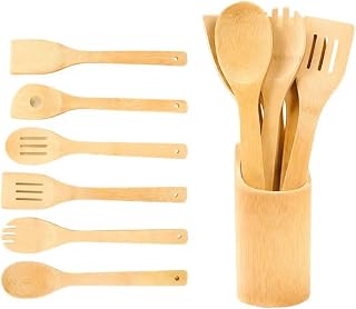 Click Findings Wooden Utensil Set Kitchen Accessories Kit with Utensil Holder Wooden Spatula Food Turner Bamboo Cooking & Serving Utensil Set