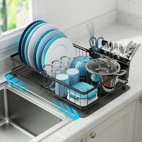 GSlife Family Size Large Capacity Expandable Dish Drying Rack with Absorbent Mat, Rust Resistant Dish Drainer for Plates Bowls Pots and Pans, 16.5\"-21.3\" L x 14.7\" W, Black