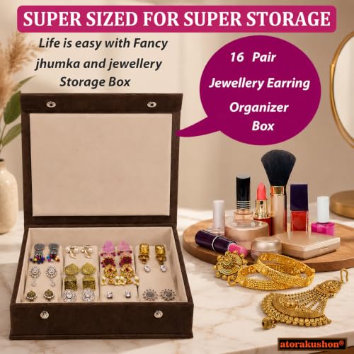 Image of atorakushon Velvet Makeup Earring Storage Box Jhumka Organizer Holder Travel Wedding Set Box 12 Pair Earring Display Try Case Jewellery Box for Women Girls (Brown)