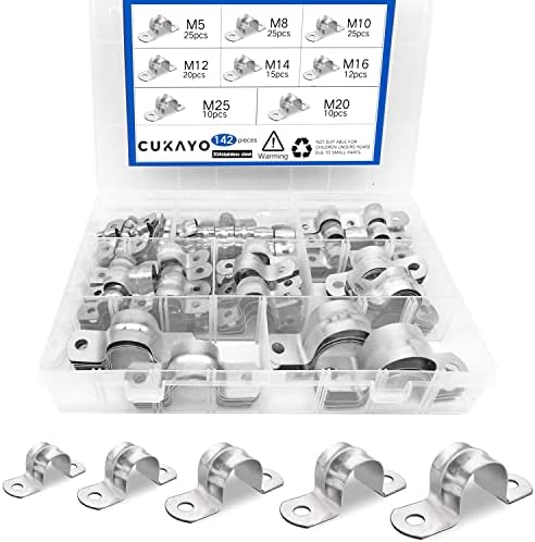 CUKAYO 142 Pcs Pipe Strap Clamp Assortment Kit, 304 Stainless Steel 2 Holes Rigid Pipe Strap U Braket Tube Pipe Strap Clamp