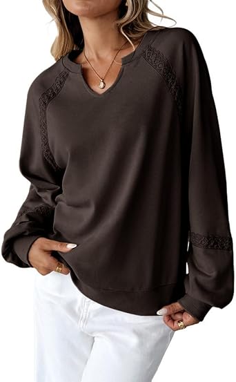 Lace Eyelet Sweatshirt For Women Notch Neck Lantern Long Sleeve Pullover