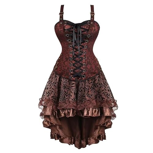 Jutrisujo Steampunk Corset Dress Bustier Top Skirt with Tutu Set Plus Size Vintage Lace up Gothic Costume Halloween Brown L