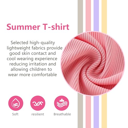 Image of Girls Summer Lettuce Trim Ribbed Knit Short Sleeve T-Shirts Solid Color Casual Blouse Tops