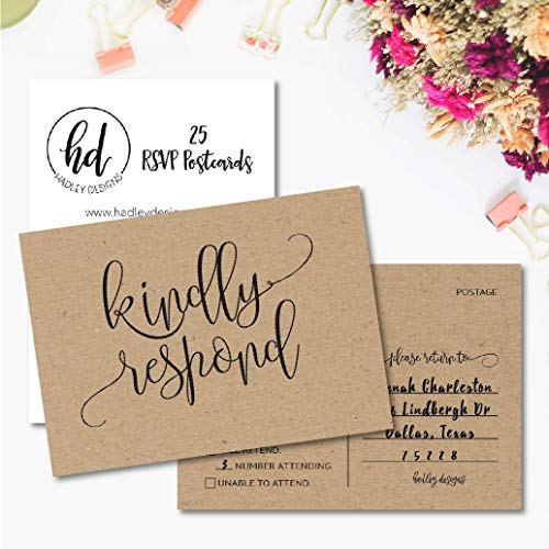 25 Blank Rustic Rsvp Cards, Response Postcard Kindly Reply Kraft Card Stock For Weddings, Bridal Rehearsal Dinner, Baby Shower, Birthday, Bachelorette Party Invitation Kits No Envelopes Needed #TOP1