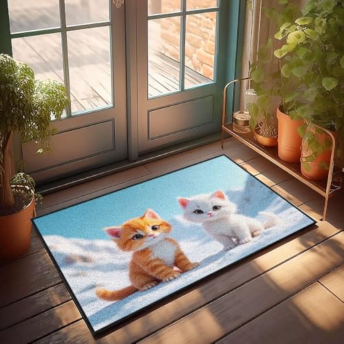 Paillasson d'entrée amusant chatons et neige - Tapis chaussures de bienvenue 50 x 80 cm