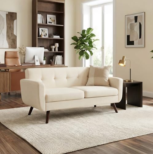 Kingfun Sofa 165 cm 2-Sitzer Modernes Kleines Sofa mit Holzfüßen in Beige, 2 Sitzer Cloud Couch mit Knopfheftung für Wohnzimmer & Schlafzimmer, Kleines Sofa mit 4 Wurfkissen für Büro & Apartment