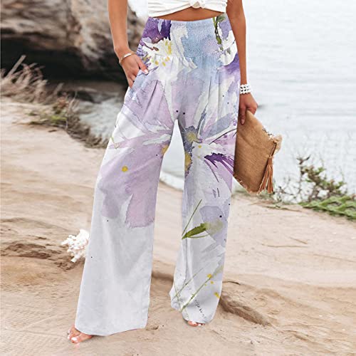 Wolfast Wide Leg Pants For Women Summer Tie-Dye Print High Waist Pleated Front Pants Ladies Lightweight Flowy Trousers (Small, Purplea1) #TOP1