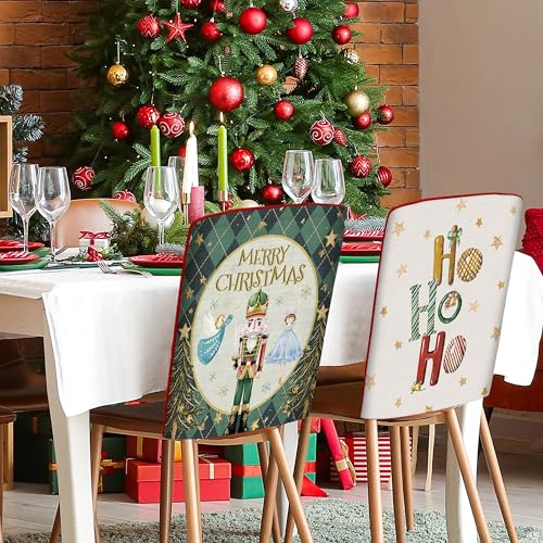 Image of Christmas Chair Covers Set of 6 Green Nutcracker Christmas Tree Chair Back Covers Holiday Dining Chair Slipcovers Protector Kitchen Dining Room Decor Festival Party Decoration