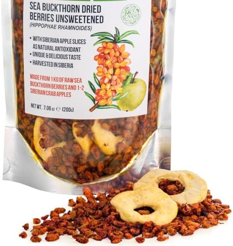 Siberian Sea Buckthorn Dried Berries 7.06 oz (200 g) Unsweetened Apple as Antioxidant Additive Pure Raw Natural Wild Harvested Premium Clean