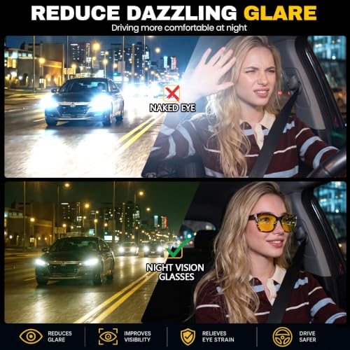 Image of Myiaur Women's Polarized Night Driving Glasses, Anti-Glare Yellow Lens | Nighttime Driving Glasses Boost Low Light Vision, UV400 Protection, Lightweight Frame For Night Driving, Rain & Fog