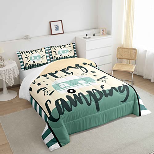 Camper Comforter Kids Farmhouse Style Comforter Set For Boys Girls Cartoon Camping Bedding Set Camping Car Music Design Pattern Quilt Set Bedroom Collection 3Pcs Queen Size,Beige Yellow Green #TOP3