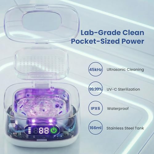 ELFOIS Portable Ultrasonic Retainer Cleaner with UV - Cordless Rechargeable Cleaner Machine for Invisalign, Aligners, Night Guards, Dentures | Travel-Ready with Built-in Mirror — view 4