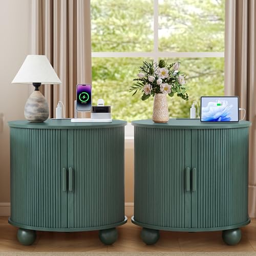 Image of 24 inch Fluted Round Nightstand Set of 2, Mid-Century Large Wooden End Table with Charging Station, Farmhouse Storage Side Table with Sliding Door for Bedroom Living Room (2XRound, Green)
