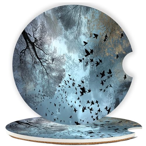 Mengduxd Ceramic Car Cup Holder Coasters Set of 2, 2.56 in Forest Bird